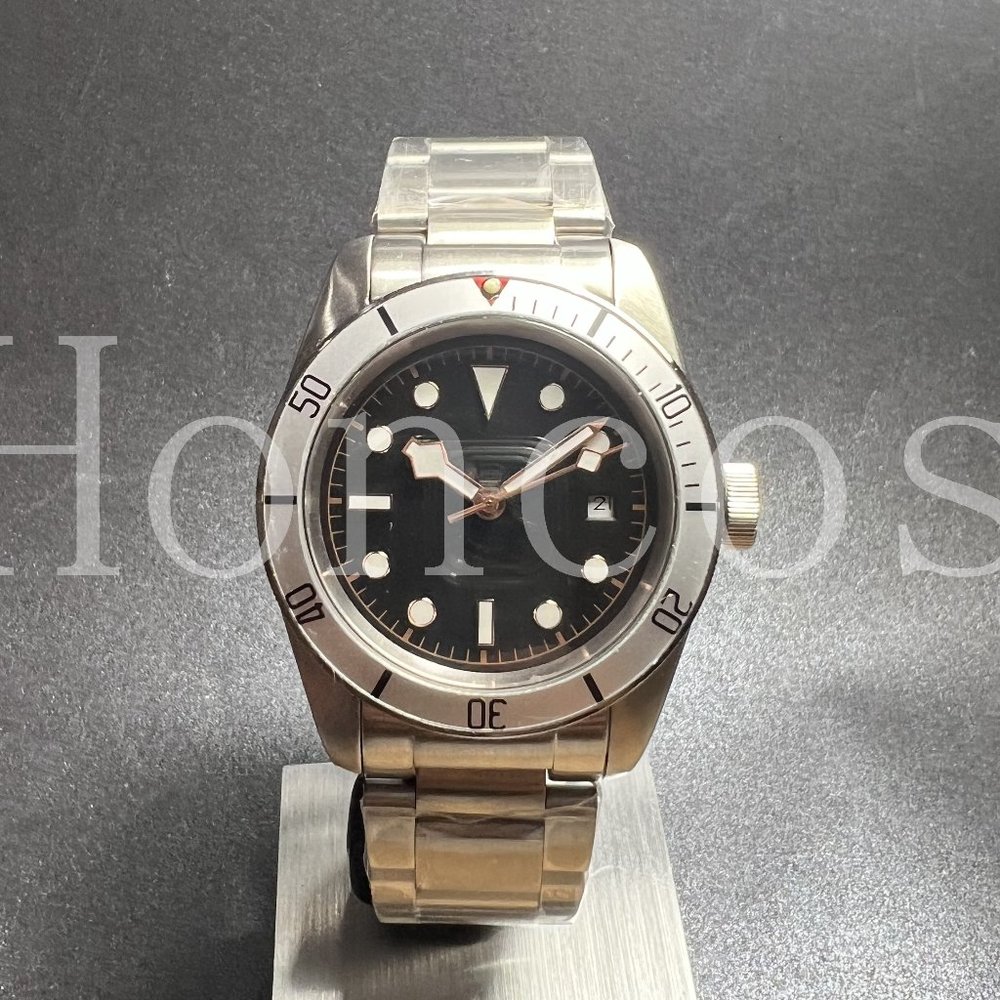 Custom Made MODS Black Bay Watch with Automatic Movement Silver Case Silver Ring